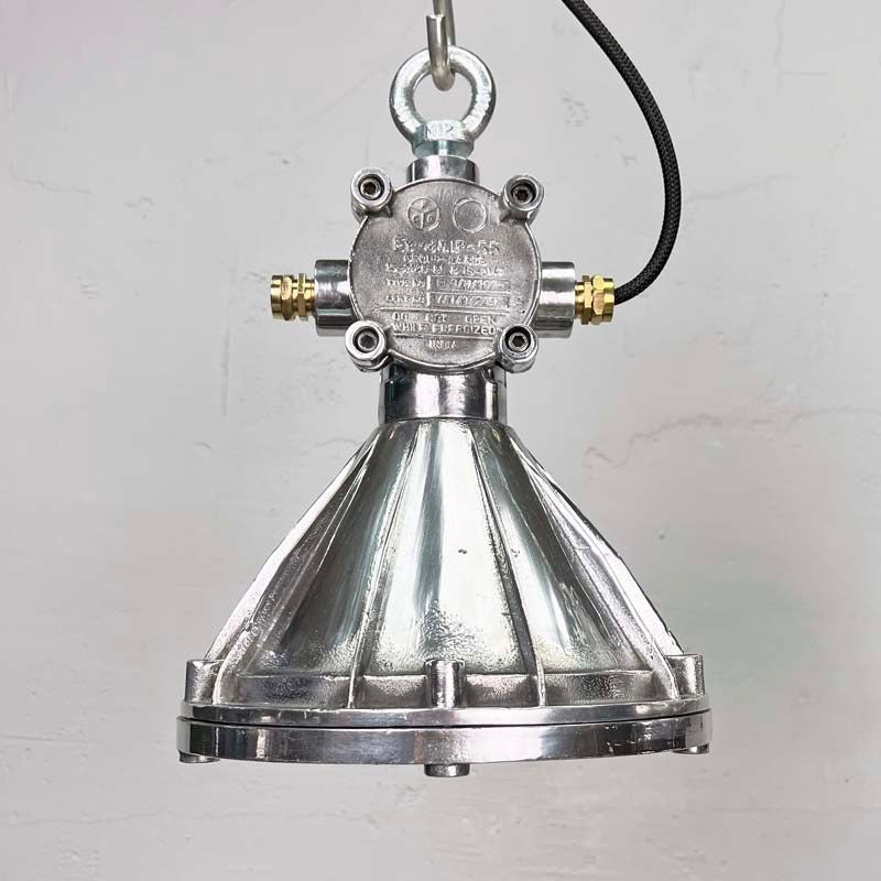 small industrial pendant light made in cast aluminium by FCG. A reclaimed industrial lamp made by FCG. Rated IP55 so suitable for bathroom or kitchen lighting
