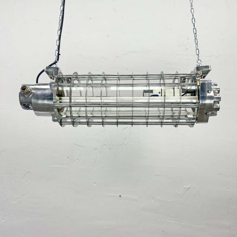vintage industrial 2ft strip light with cage reclaimed industrial lighting fully refurbished. Fitted with T8 LED tubes. 